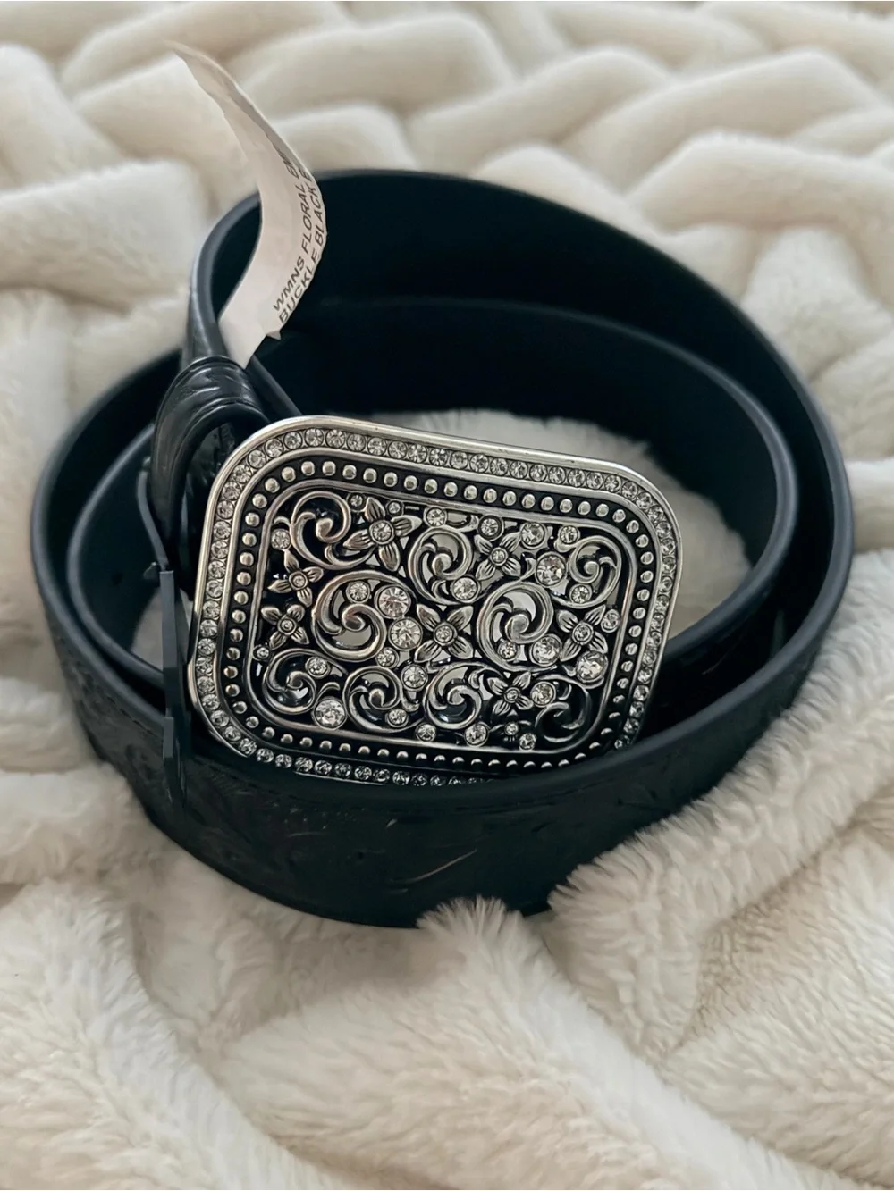 Women’s Ariat Black Tooled Leather Rhinestone Buckle Belt XL NWT